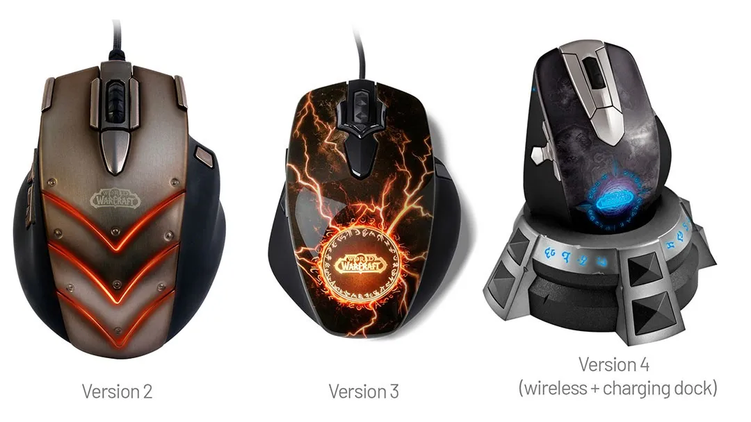 Three versions of the mouse side by side: bronze, black with fire effects, and a wireless dock model