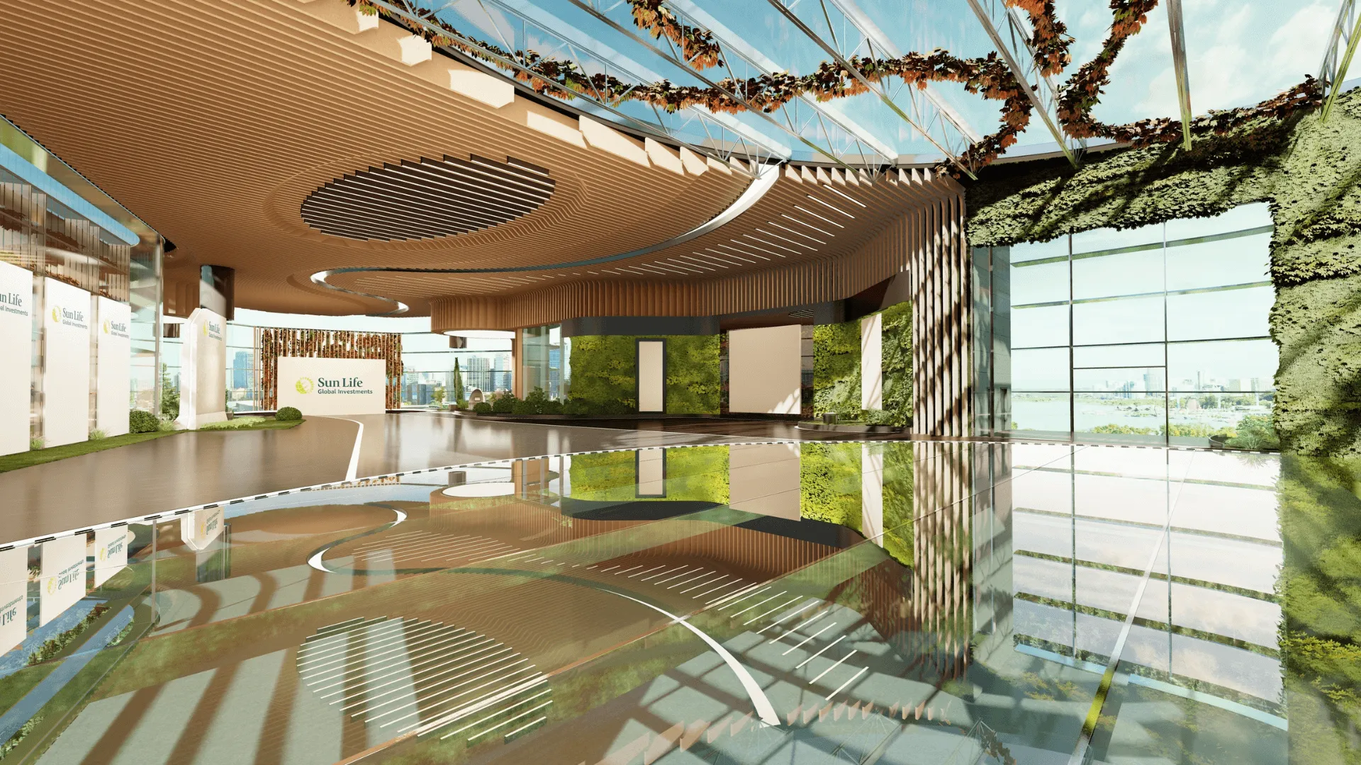 Sun Life 3D interior with a curved wood-slat ceiling, skylights, and living walls