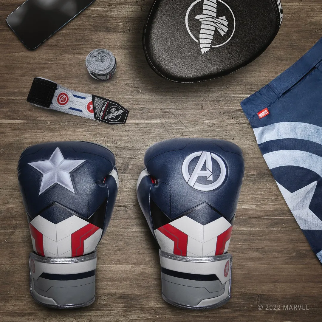Captain America and Avengers gloves laid out on a workbench