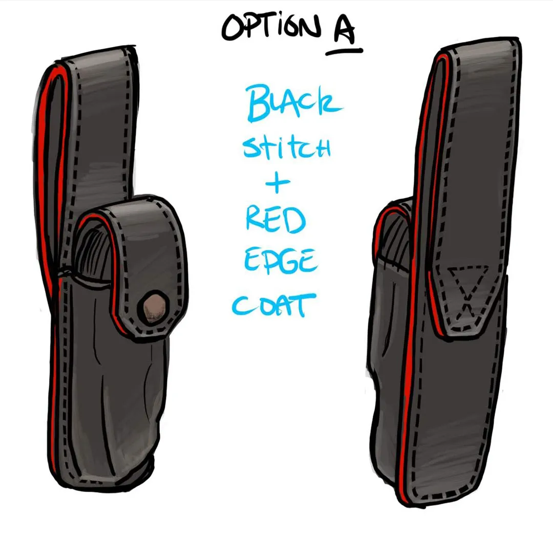 Hand-drawn design sketch labelled Option A, black stitch and red edge coat
