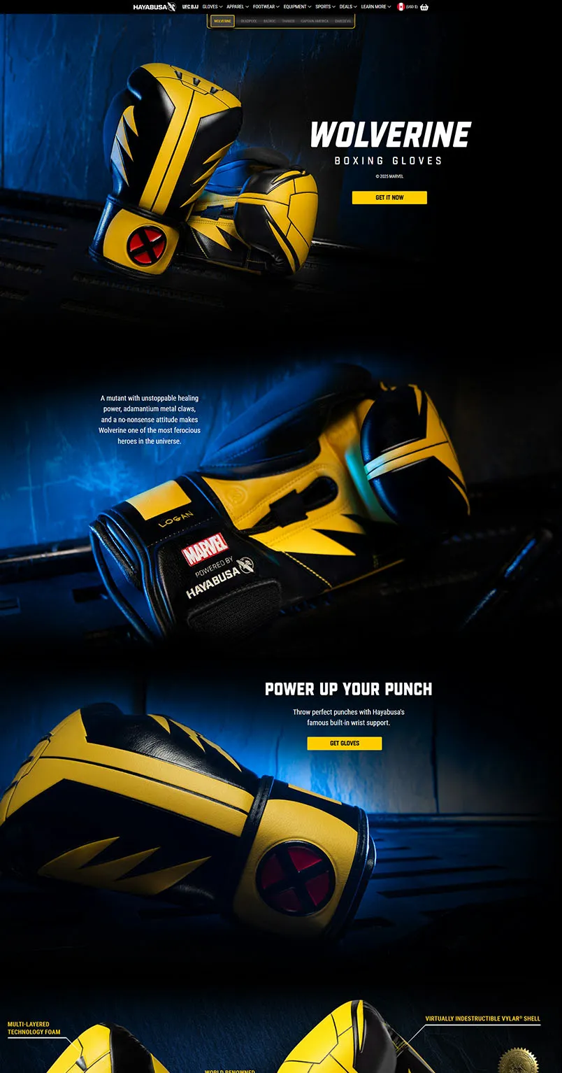 Wolverine boxing gloves desktop landing page with yellow and black gloves on blue background