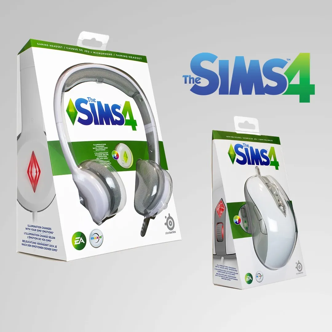 Sims 4 gaming headset and mouse in white and gray with packaging boxes