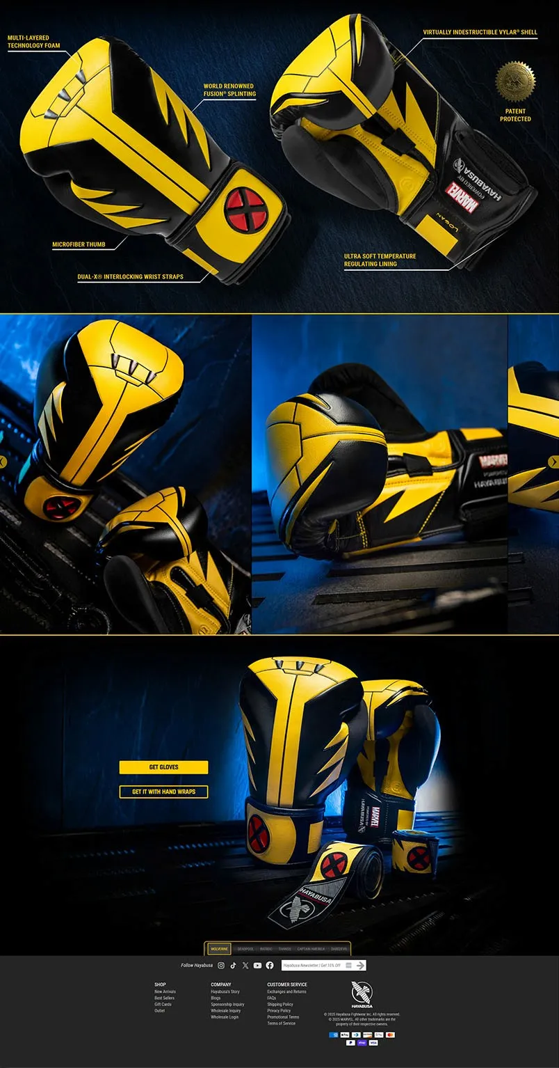 Glove specification callouts with technical features, product angles, and footer navigation