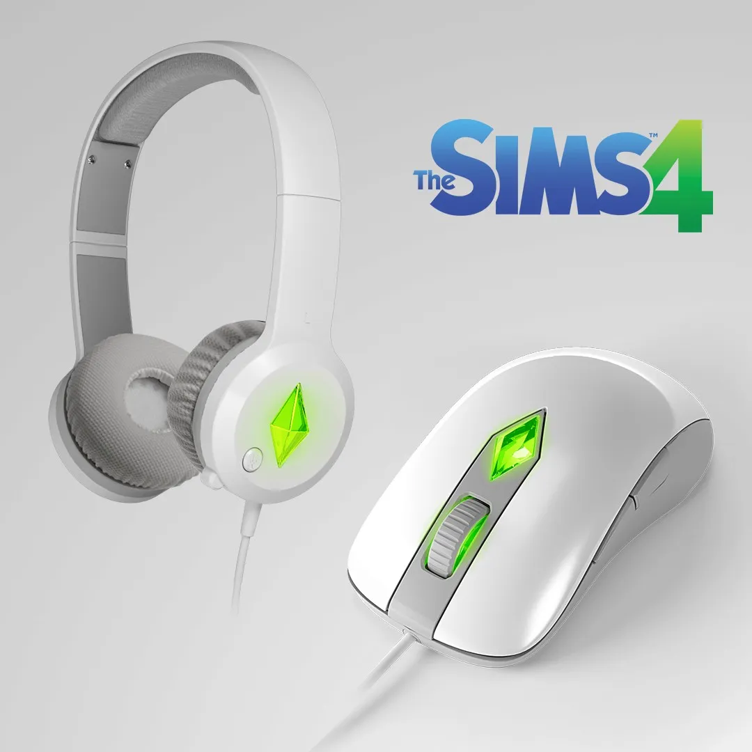 Sims 4 gaming headset and mouse in white with glowing green accents