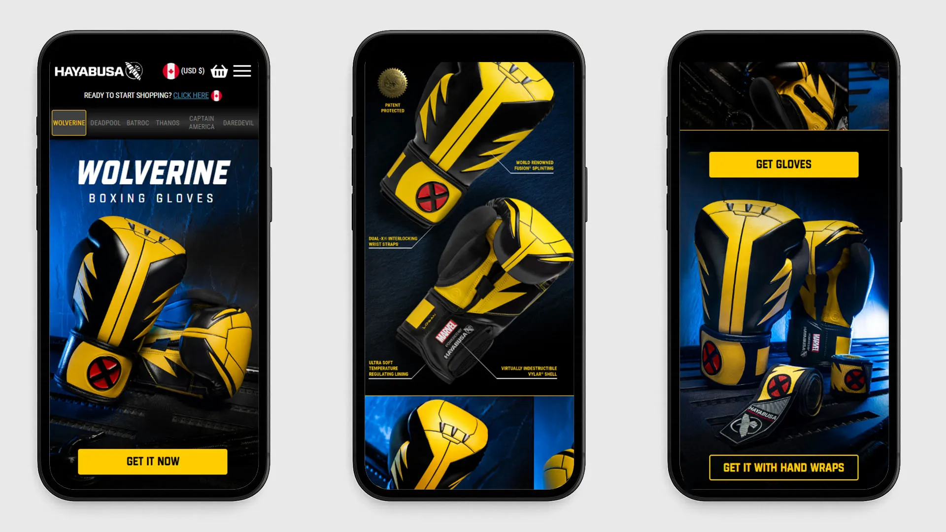 Three mobile phone screens showing responsive Wolverine boxing gloves landing page