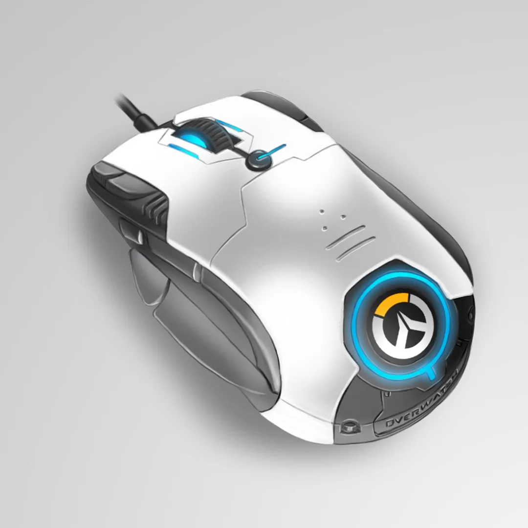 Overwatch gaming mouse in white with glowing cyan circular logo and black grips
