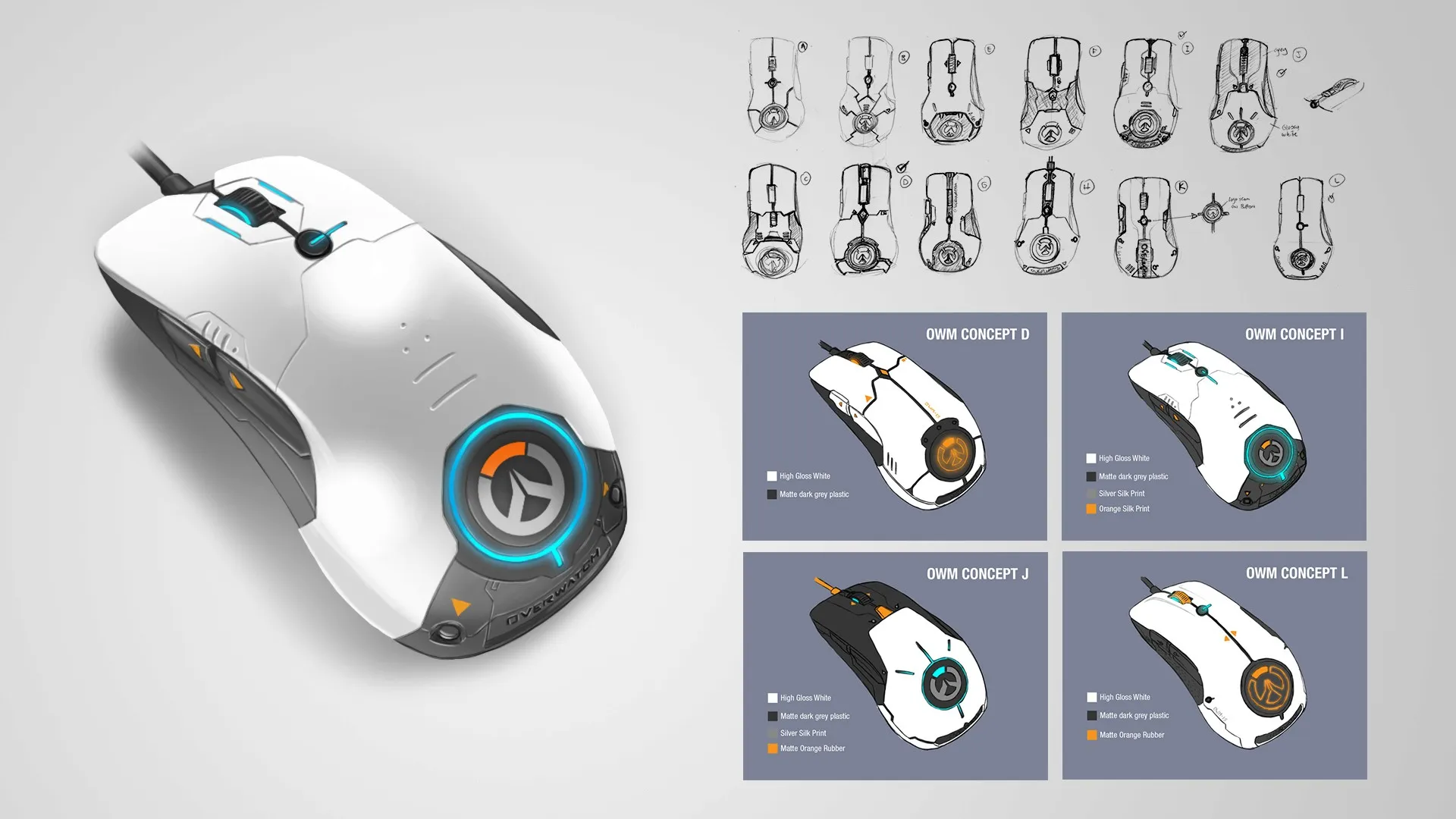 Overwatch mouse design sketches and four concept versions with color finish options