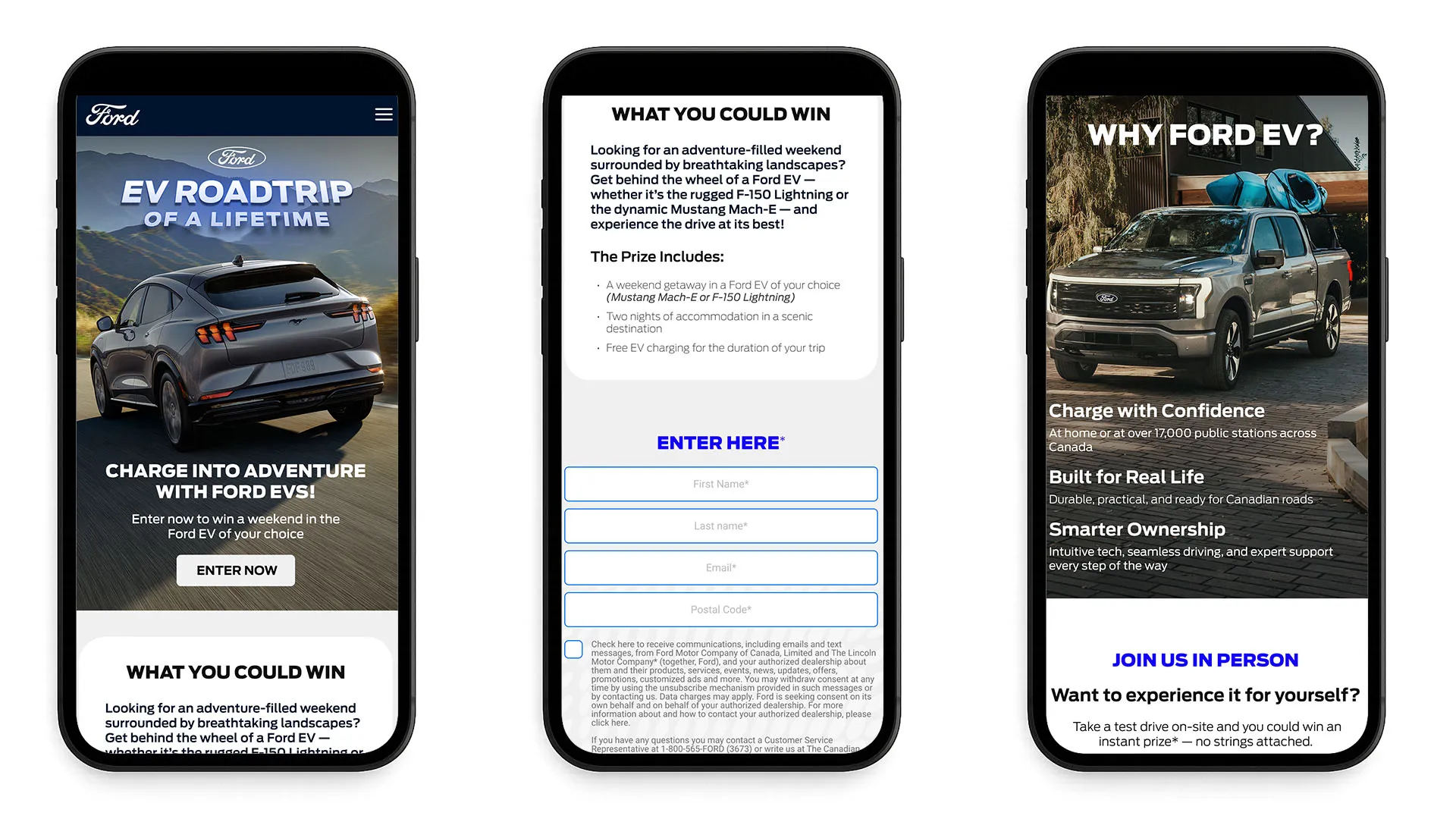 Three mobile phones displaying roadtrip landing, entry form, and thank you confirmation