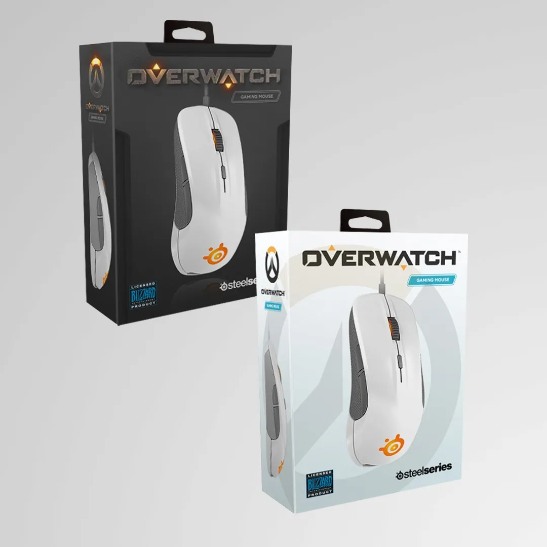 Overwatch SteelSeries gaming mouse packaging with rendered product and orange branding