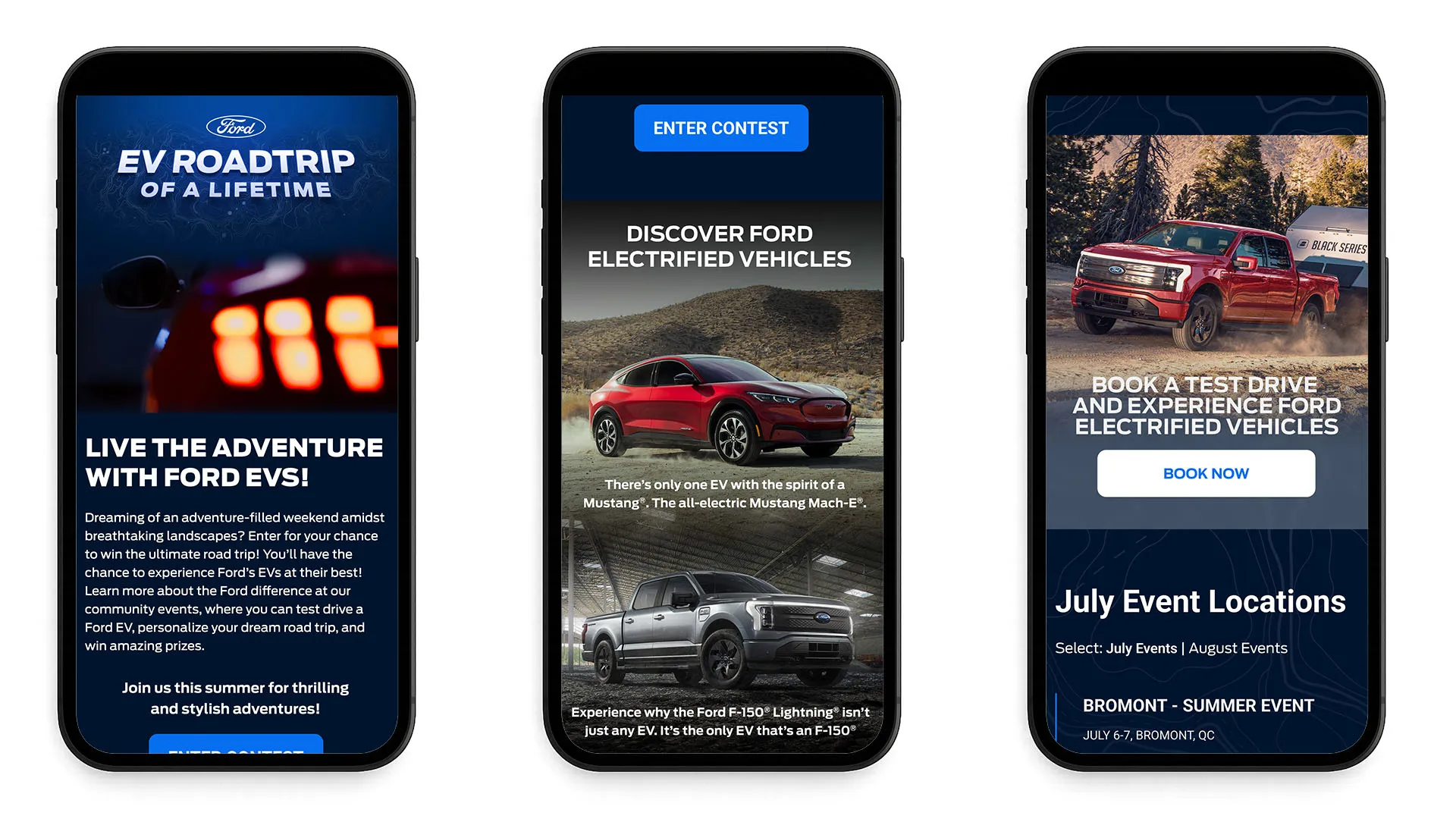 Three mobile screens with roadtrip hero, entry form with regional selection, and event details