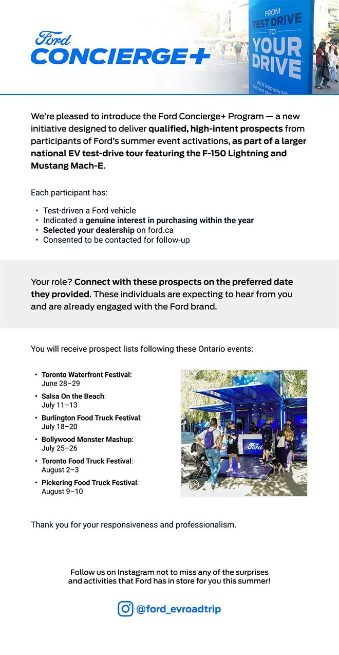 Desktop showing Ford Concierge Plus program details with festival partner information