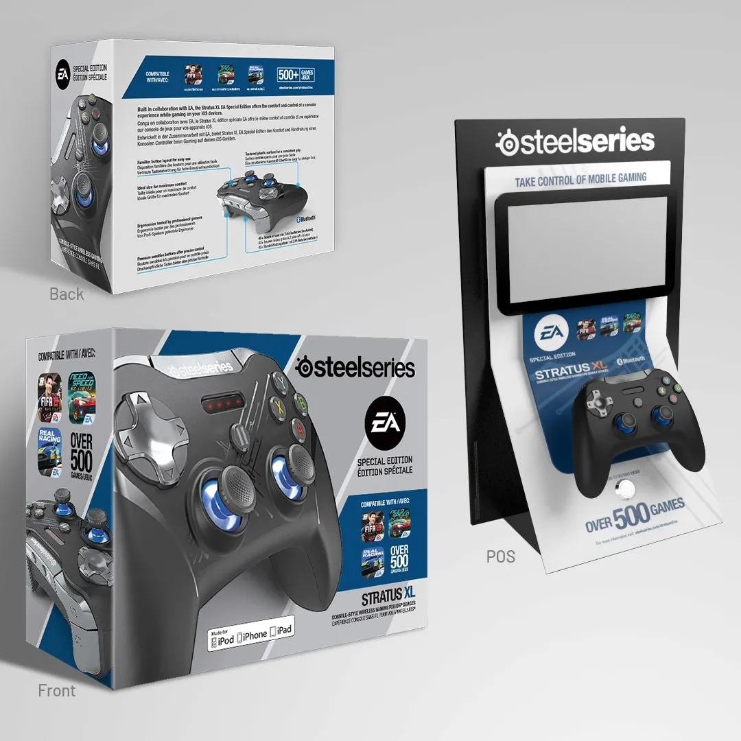 EA Sports Stratus XL controller packaging and retail point-of-sale display system