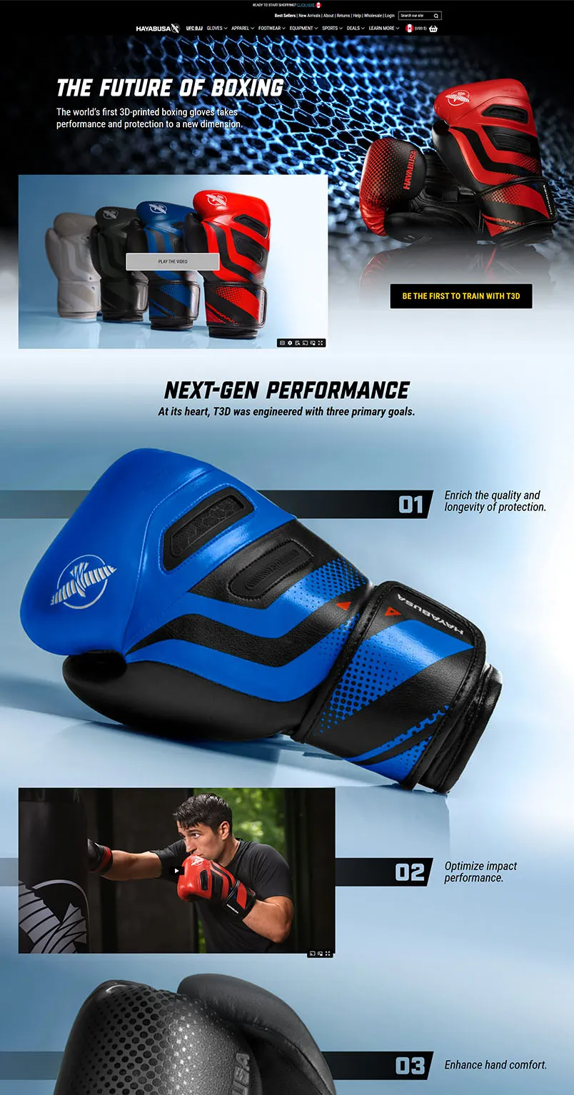 Hayabusa T3D 3D-printed boxing gloves desktop hero with lattice pattern animation background