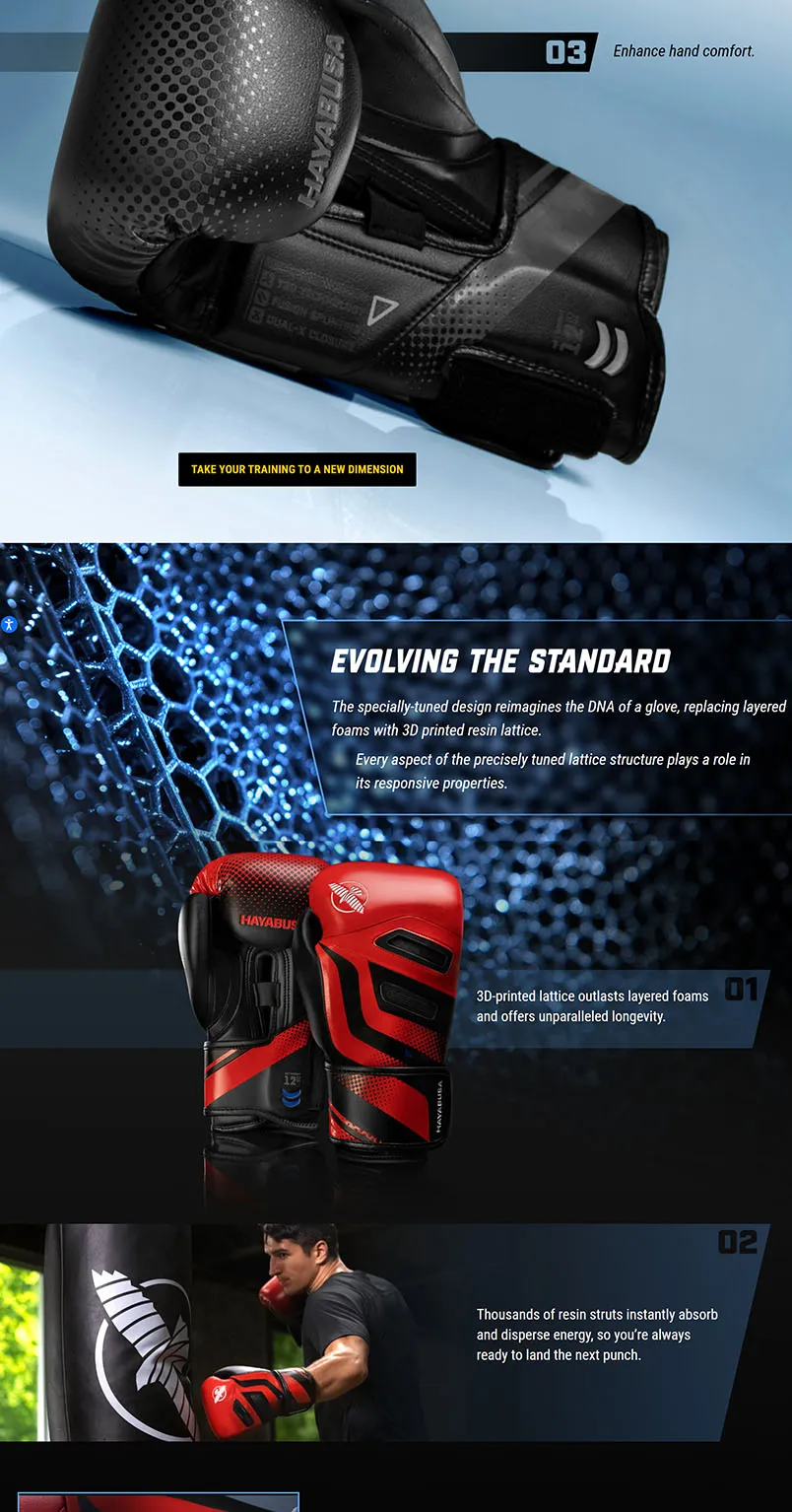 Product detail page with performance specs and athlete demonstrating white Hayabusa gloves