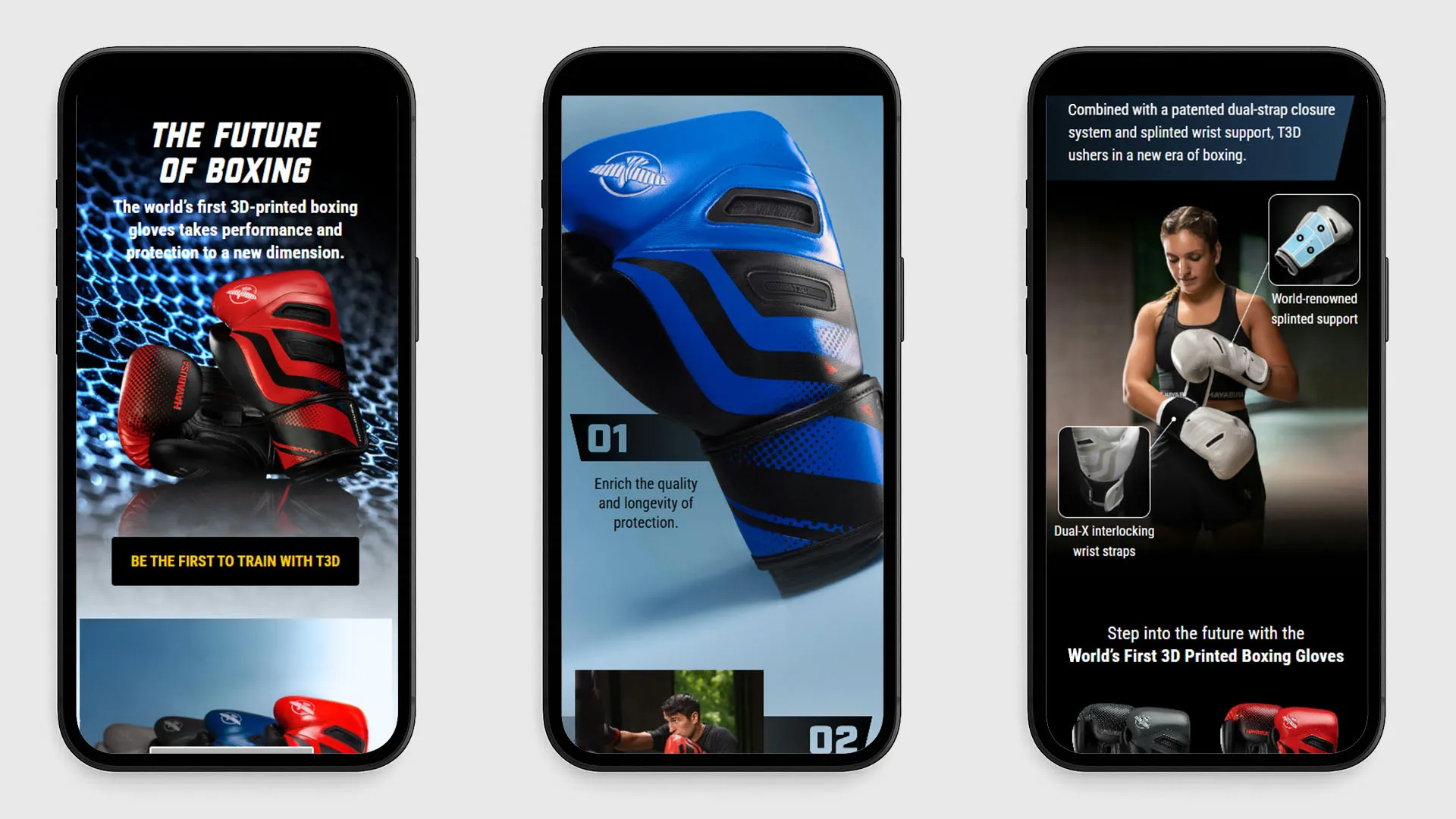 Three mobile views of T3D gloves landing with hero, features, and product variants