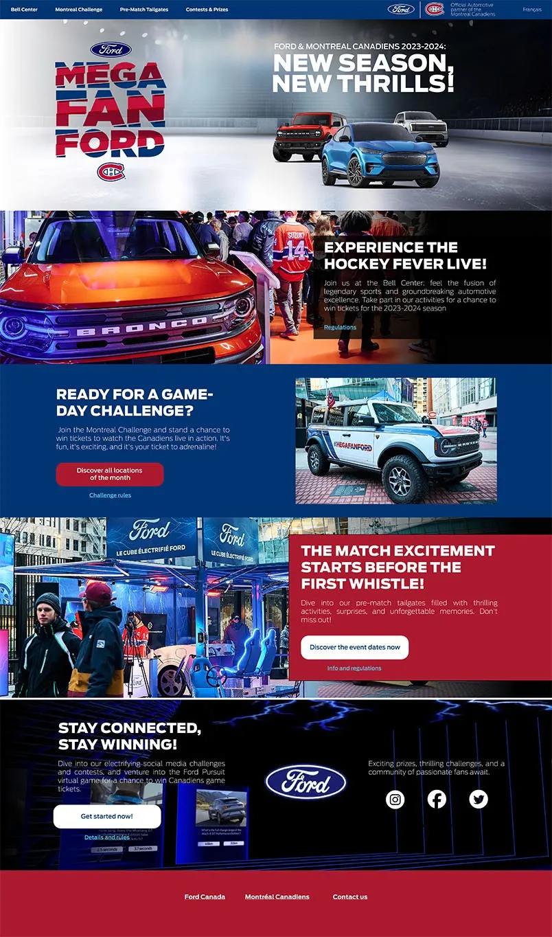 MegaFanFord desktop landing featuring Canadiens partnership and Ford electric vehicles