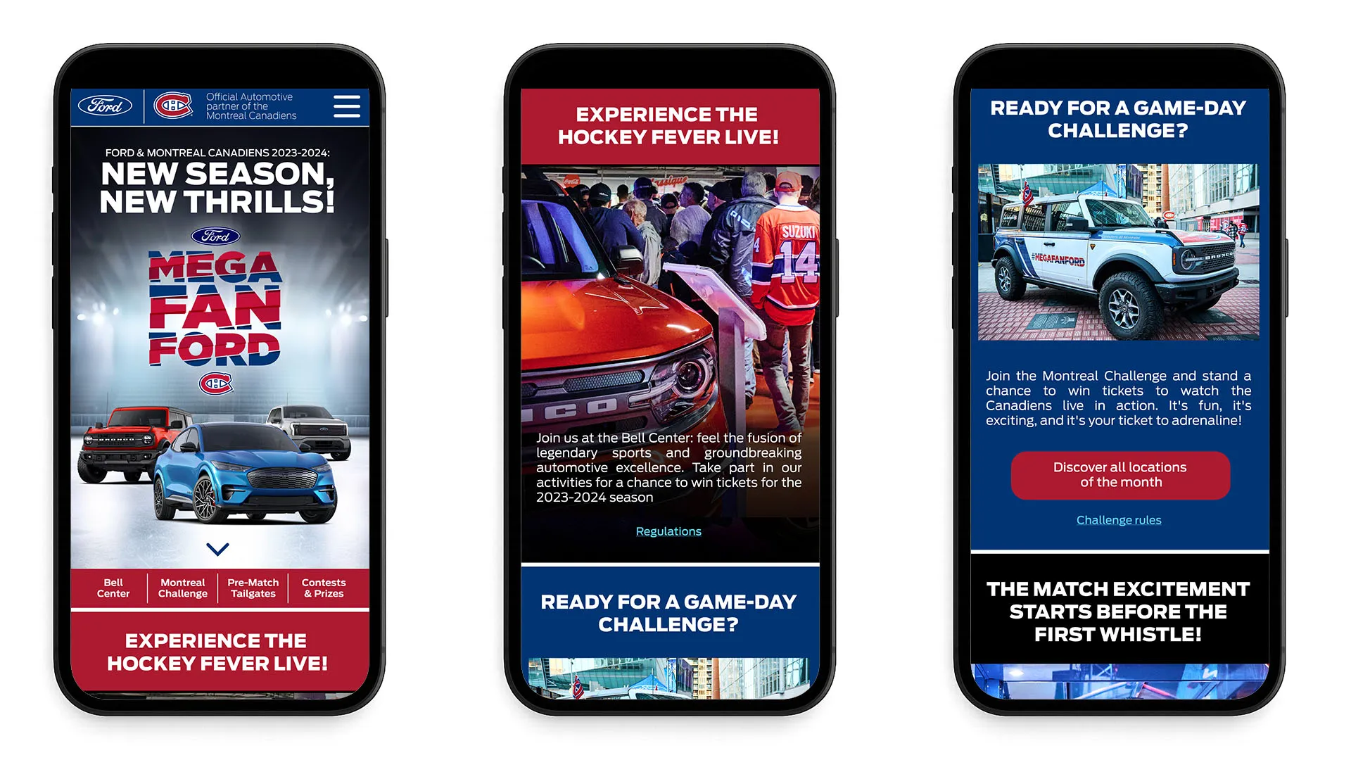 Three mobile displays of hockey campaign landing, experience messaging, and challenge section