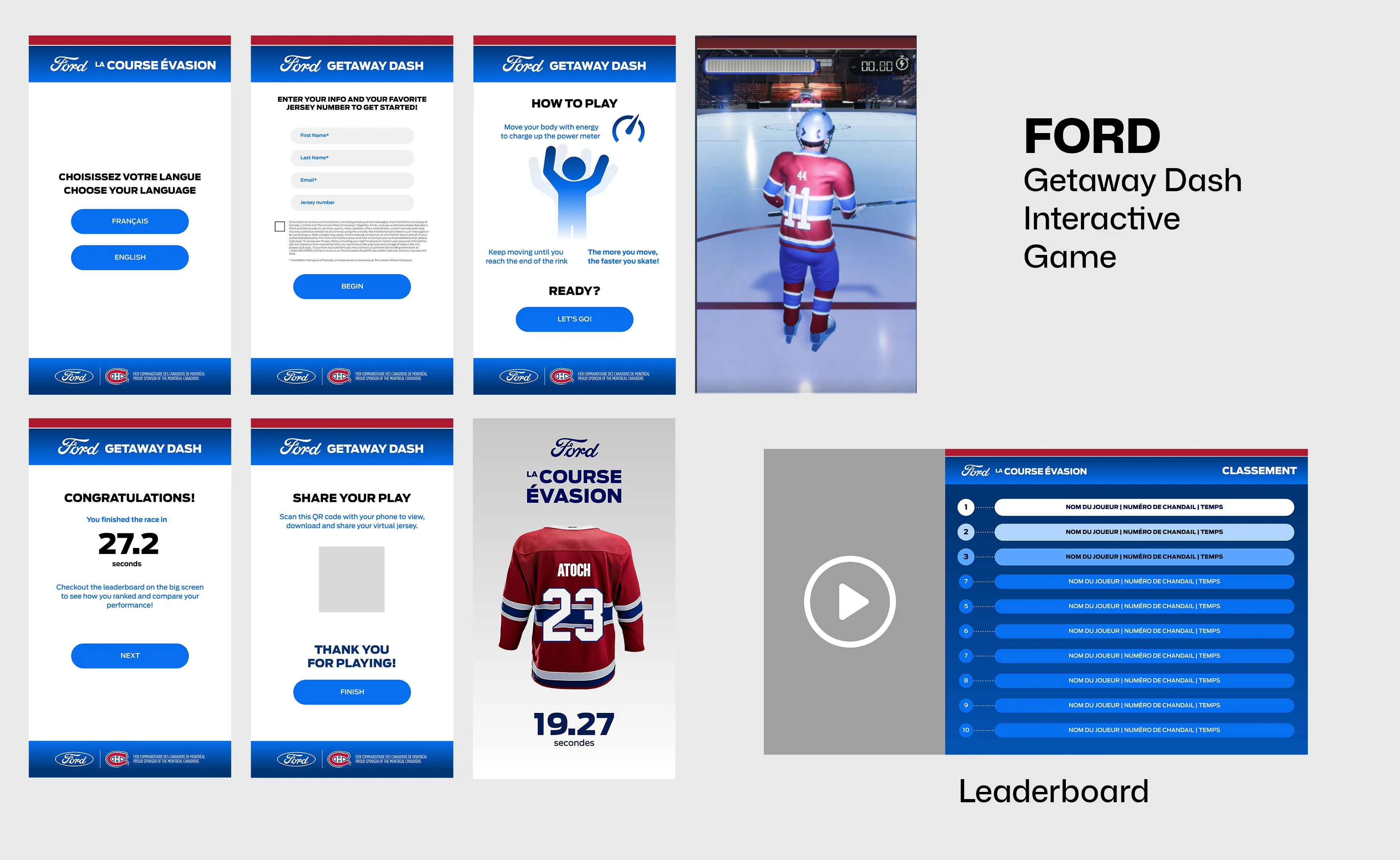 Interactive Getaway Dash hockey game screens showing gameplay and venue interactions