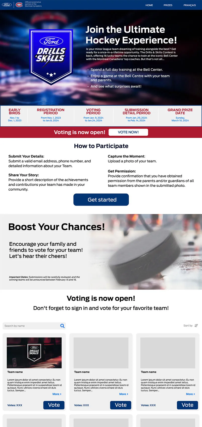 Drills and Skills contest landing page and leaderboard showing ranked player teams