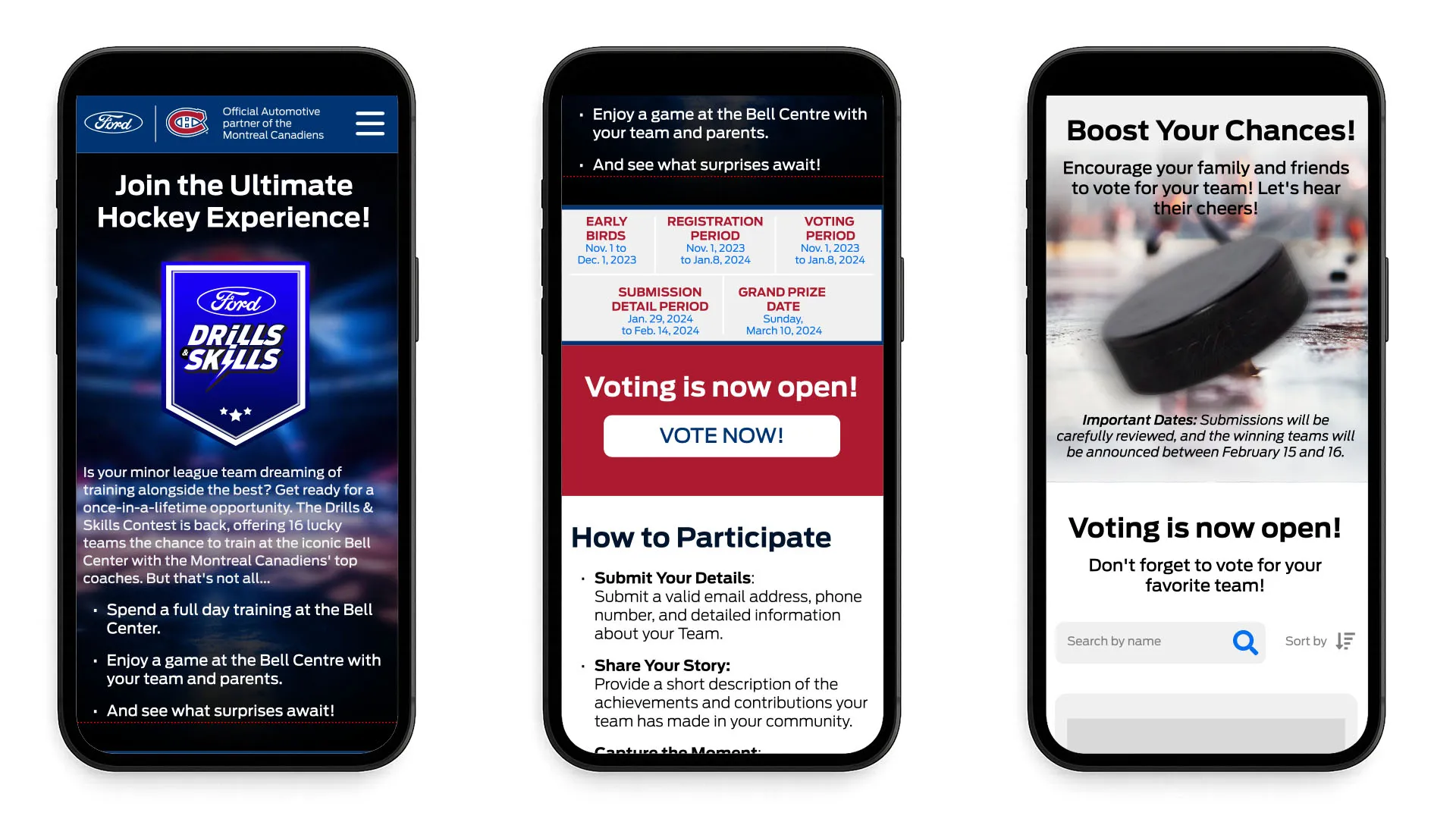 Three mobile screens displaying hockey experience campaign and interactive game elements