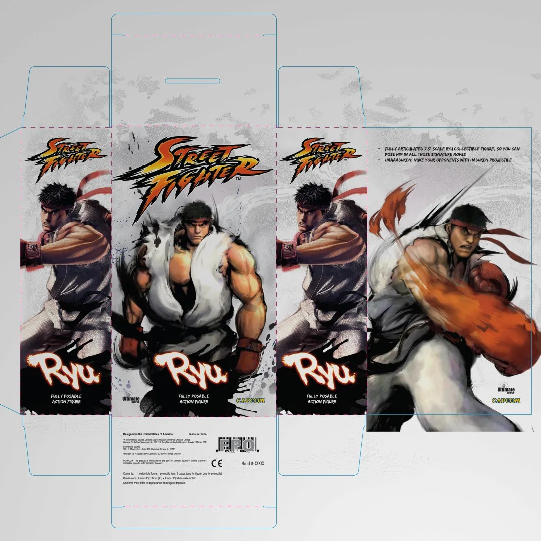 Street Fighter Ryu action figure packaging with structural die-line diagrams