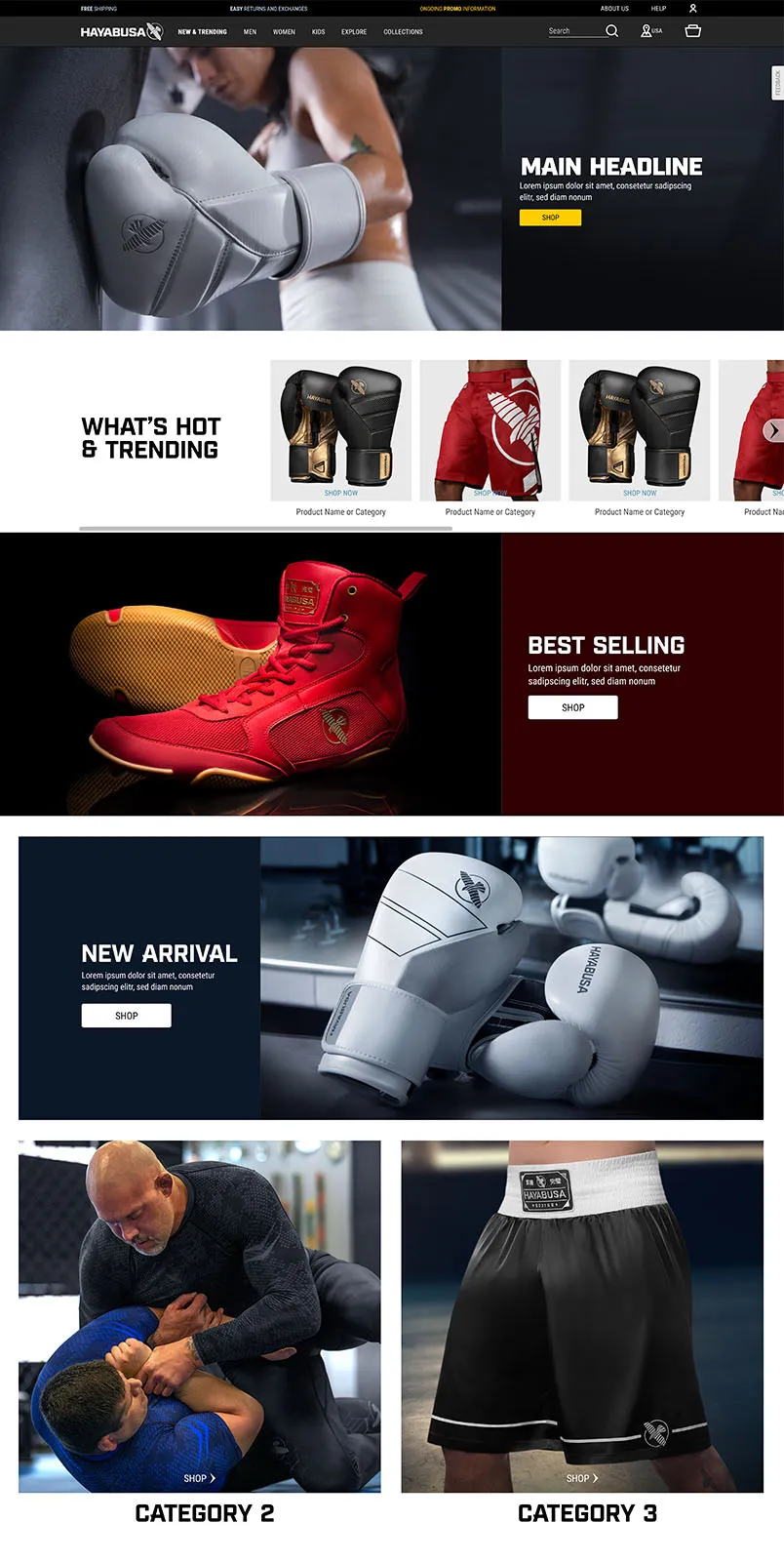 Hayabusa e-commerce product detail showing black and gold boxing gloves with specifications