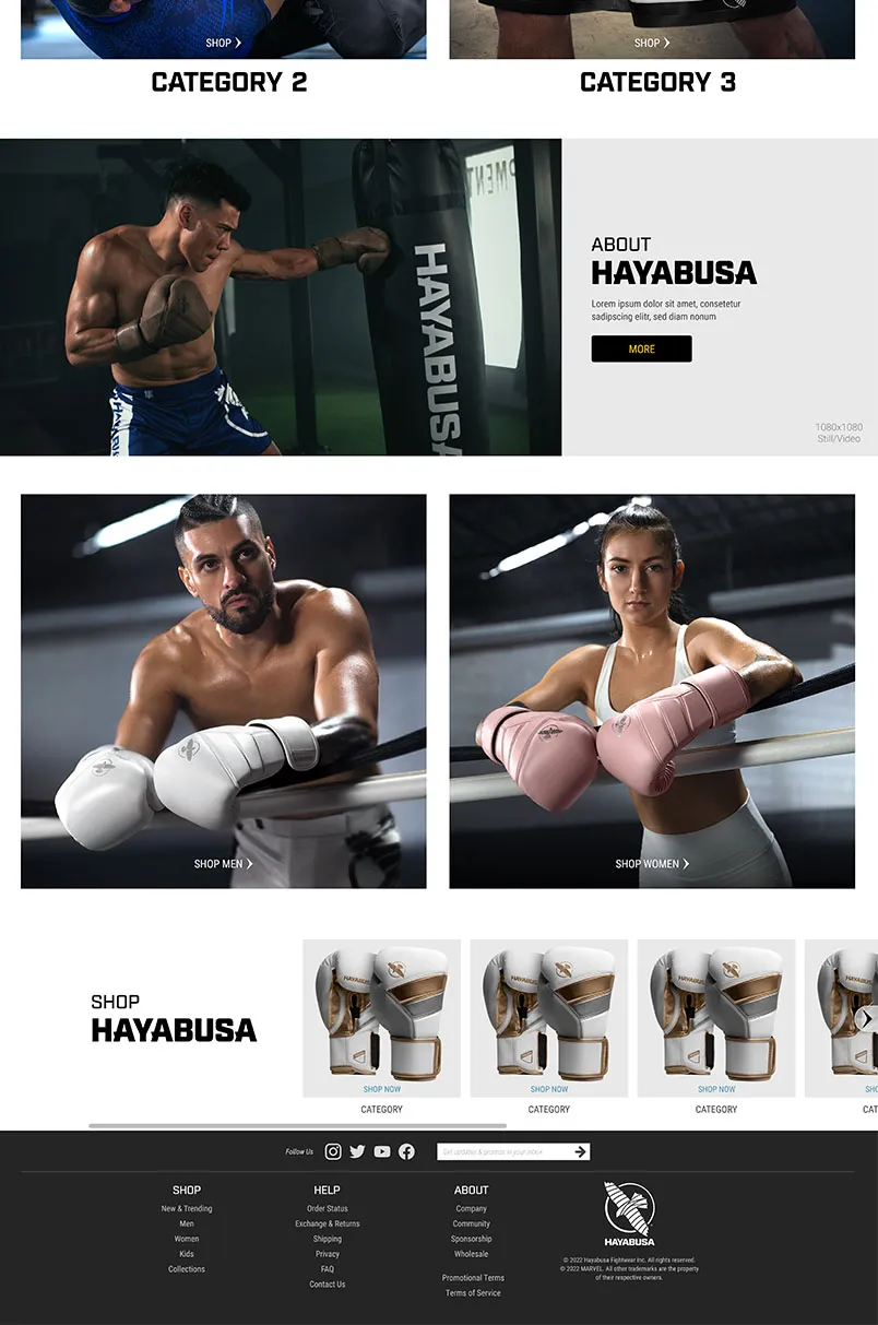 Product category browse view with boxing gloves grid, filters, and sort options