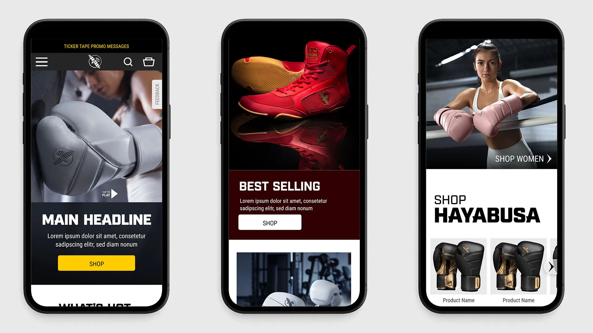 Three mobile product detail views with size selector, reviews, and features panel