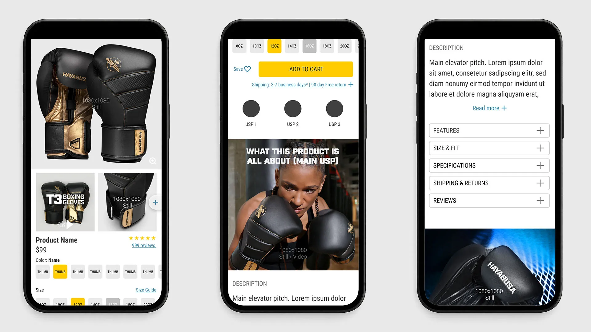 Three mobile screens showing trending products, best sellers, and new arrival categories