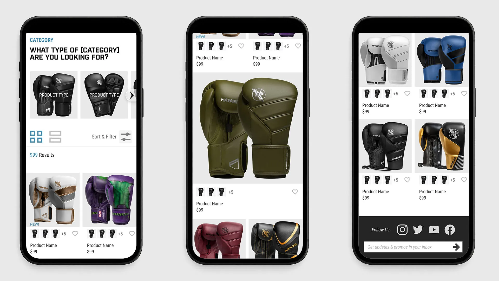 Three mobile screens with category filter, product grid showing boxing gloves in multiple colors