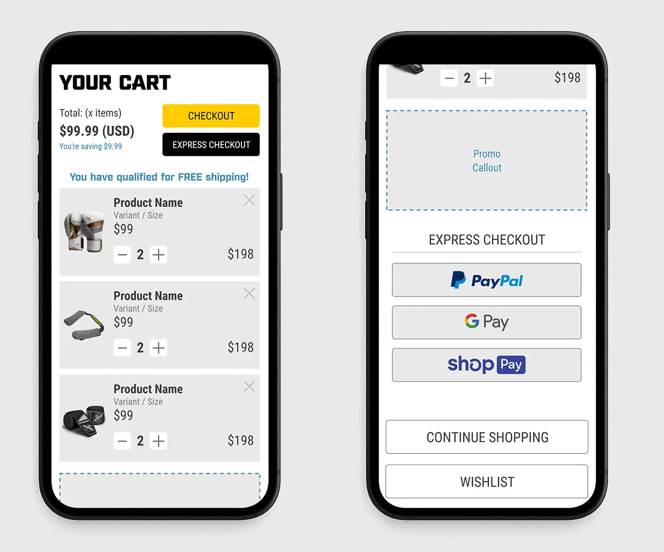 Three mobile cart and checkout screens with quantity controls and payment methods