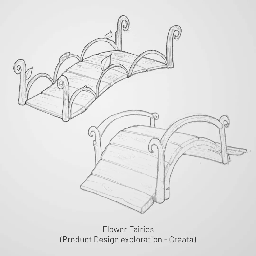 Flower Fairies garden planter sketches with ornamental leaf and spiral motifs