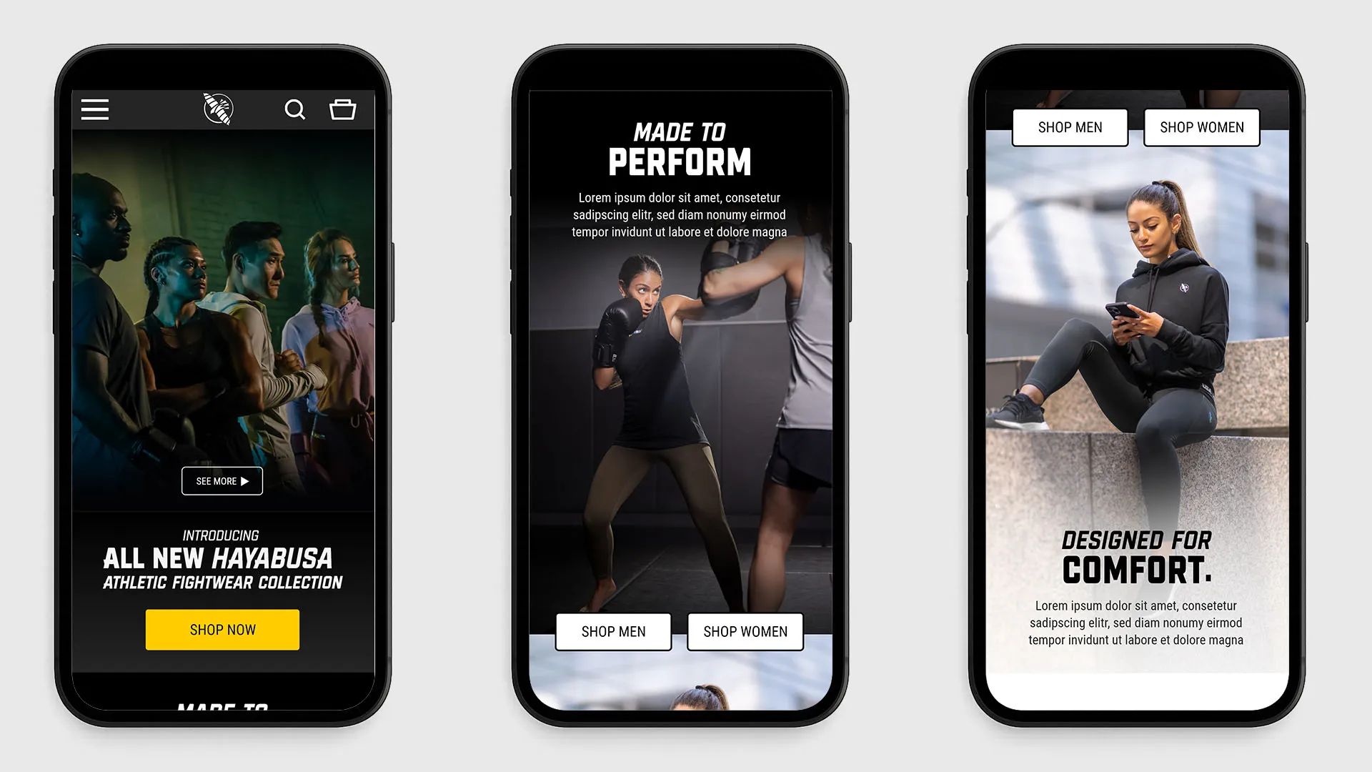 Three mobile screens of the athletic fightware collection with men and women division showcases