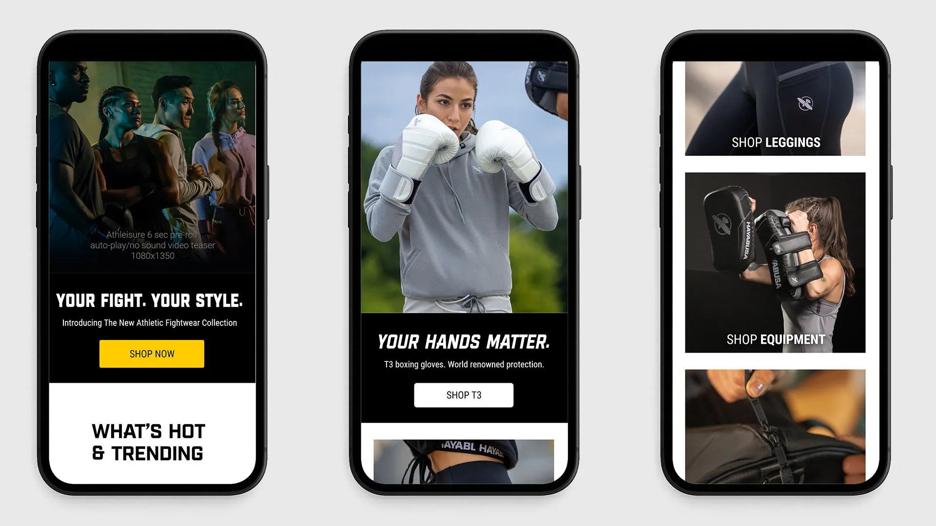 Three mobile screens showing athlete photography, product categories, and lifestyle imagery