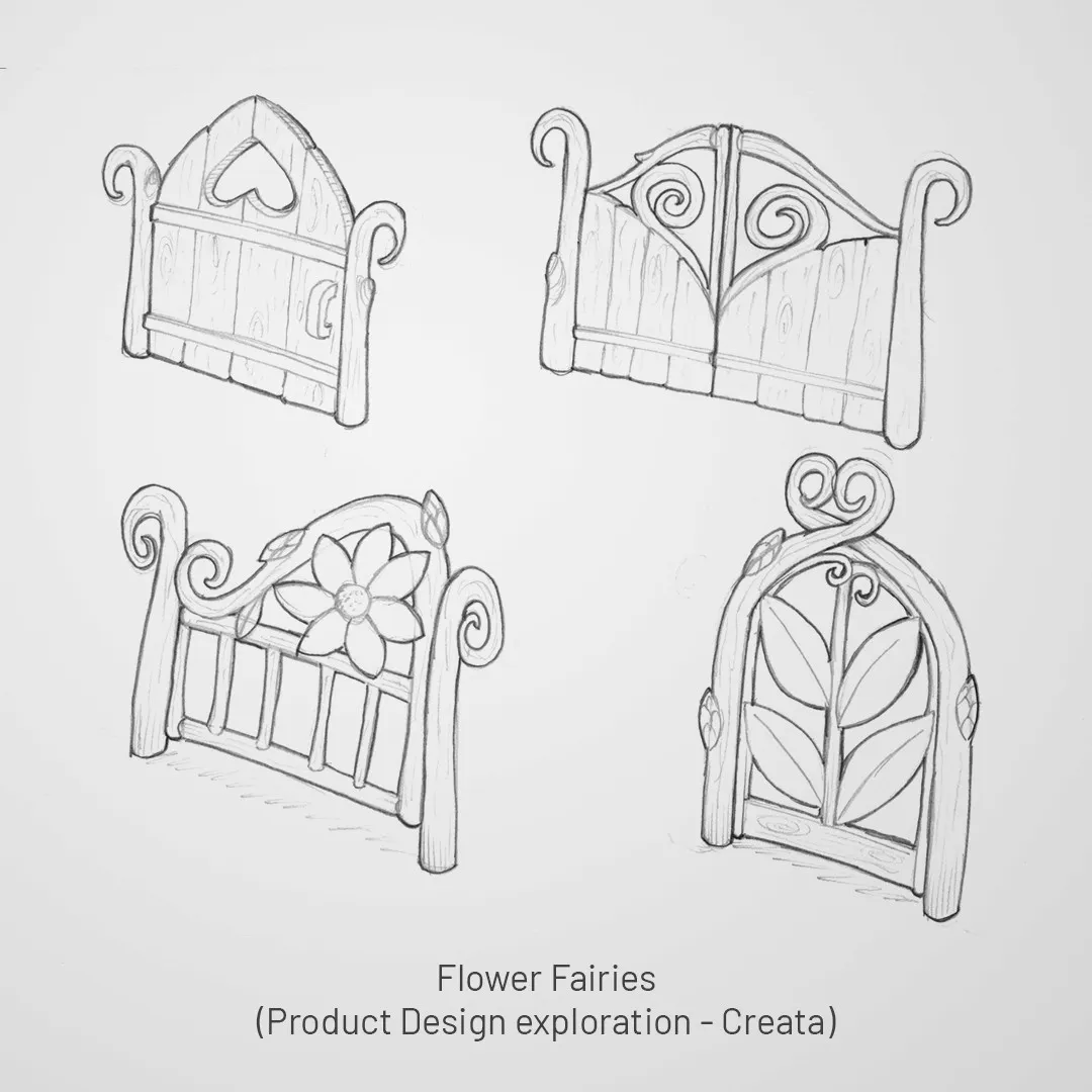 Flower Fairies character and dwelling design with fairy figure and mushroom house