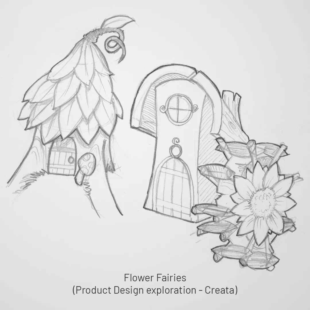 Flower Fairies playhouse structures with scalloped roofs and luminescent mushroom pathway