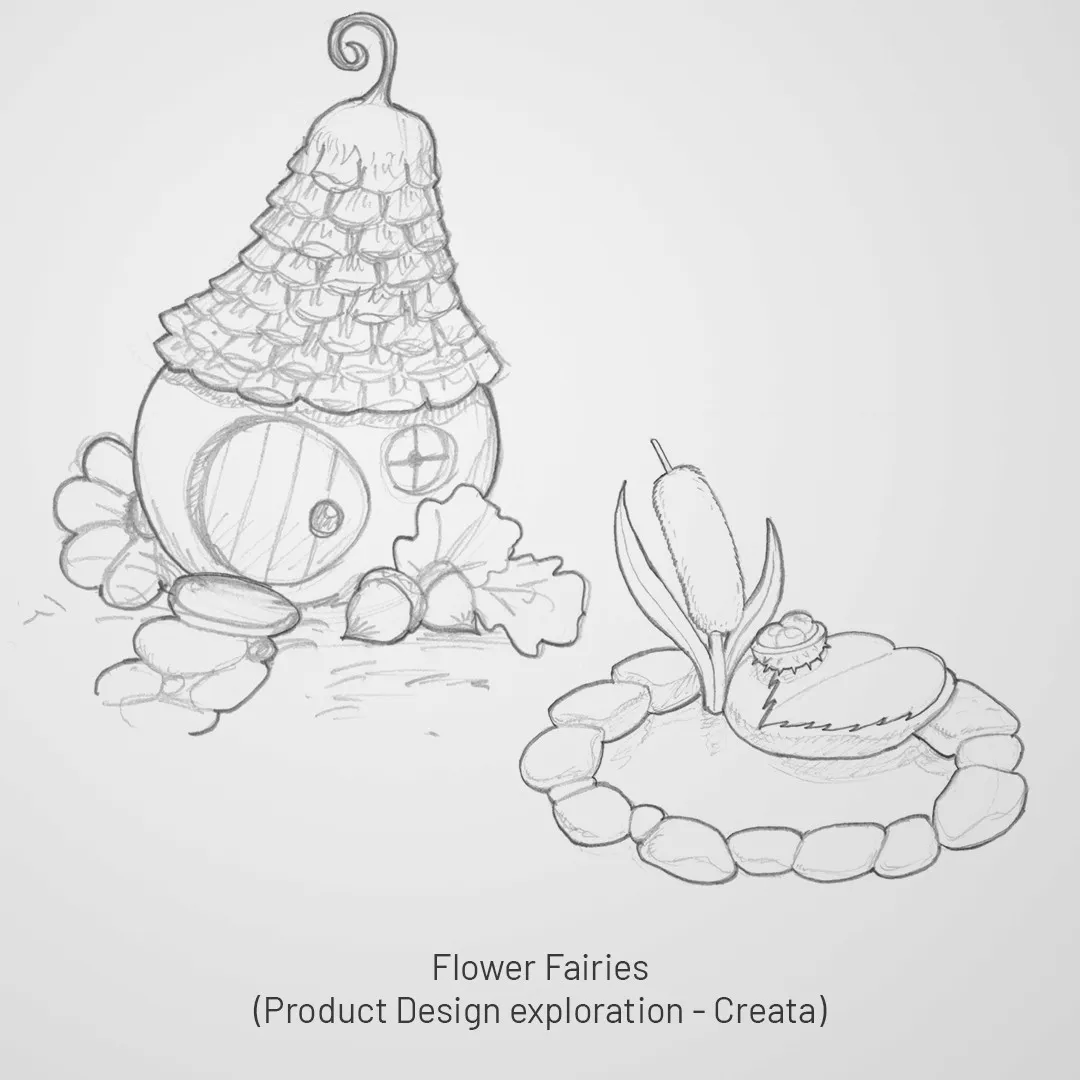 Flower Fairies dwelling and plant character designs with pear-shaped house figure