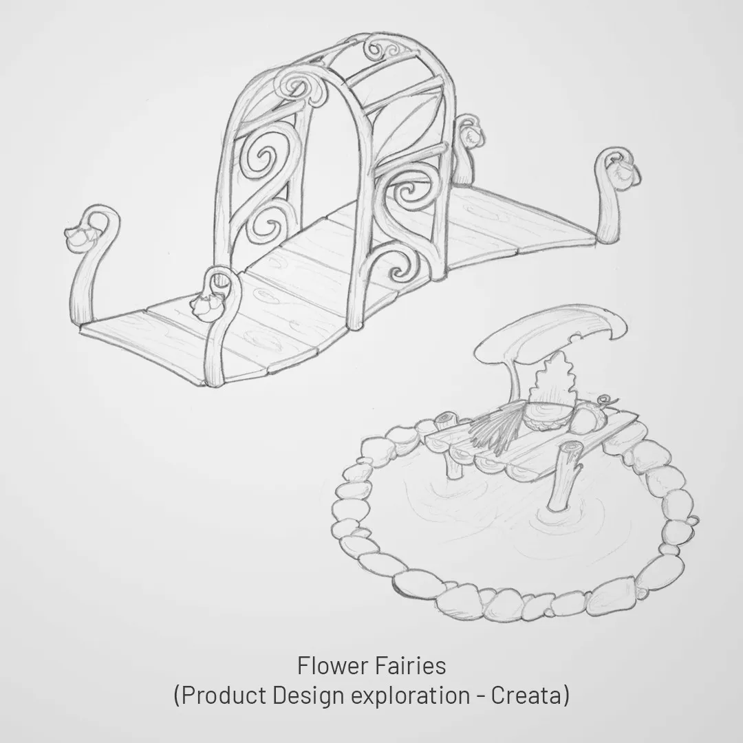 Flower Fairies gazebo and seating designs with ornamental spirals and mushroom ring