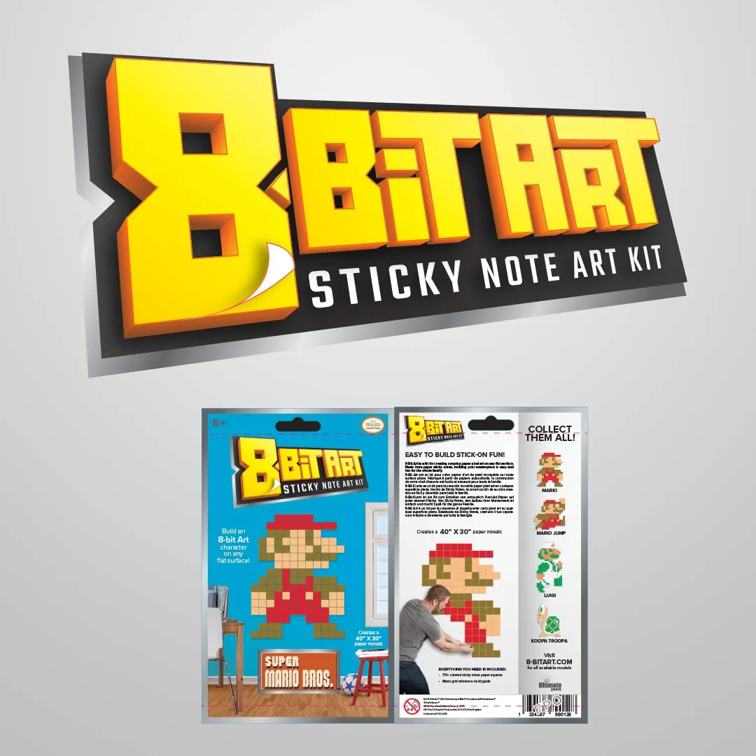 8BIT ART pixel-art sticky-note kit branding and packaging with Super Mario themes