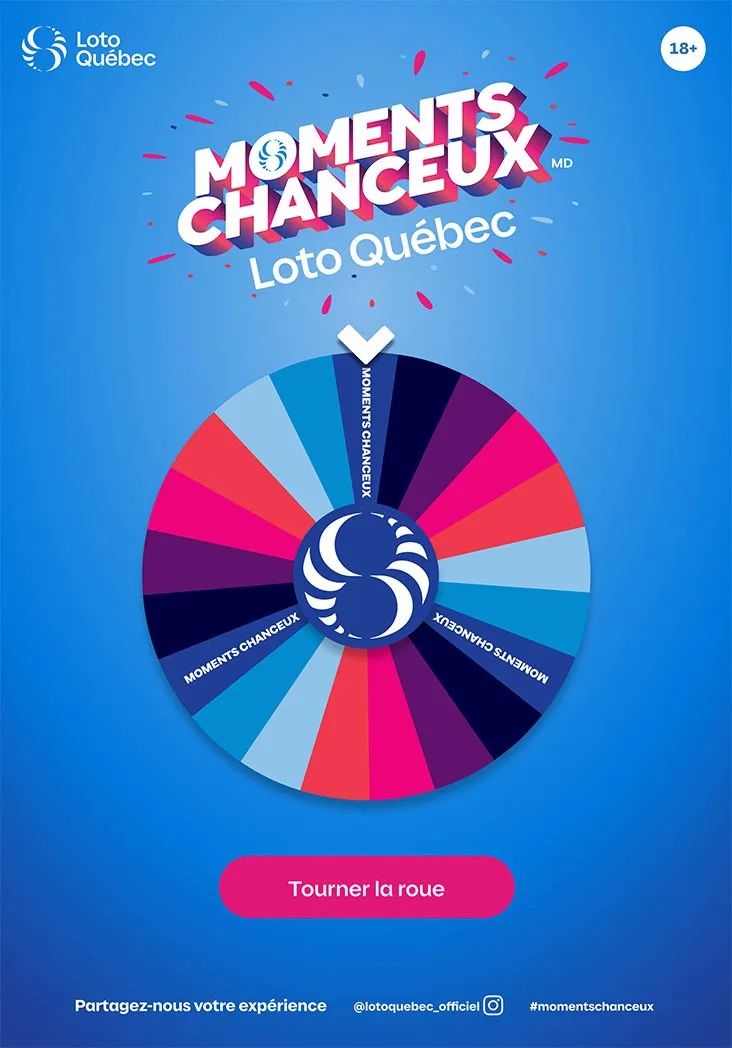 Interactive spin wheel game interface with Moments Chanceux branding and colorful prize segments