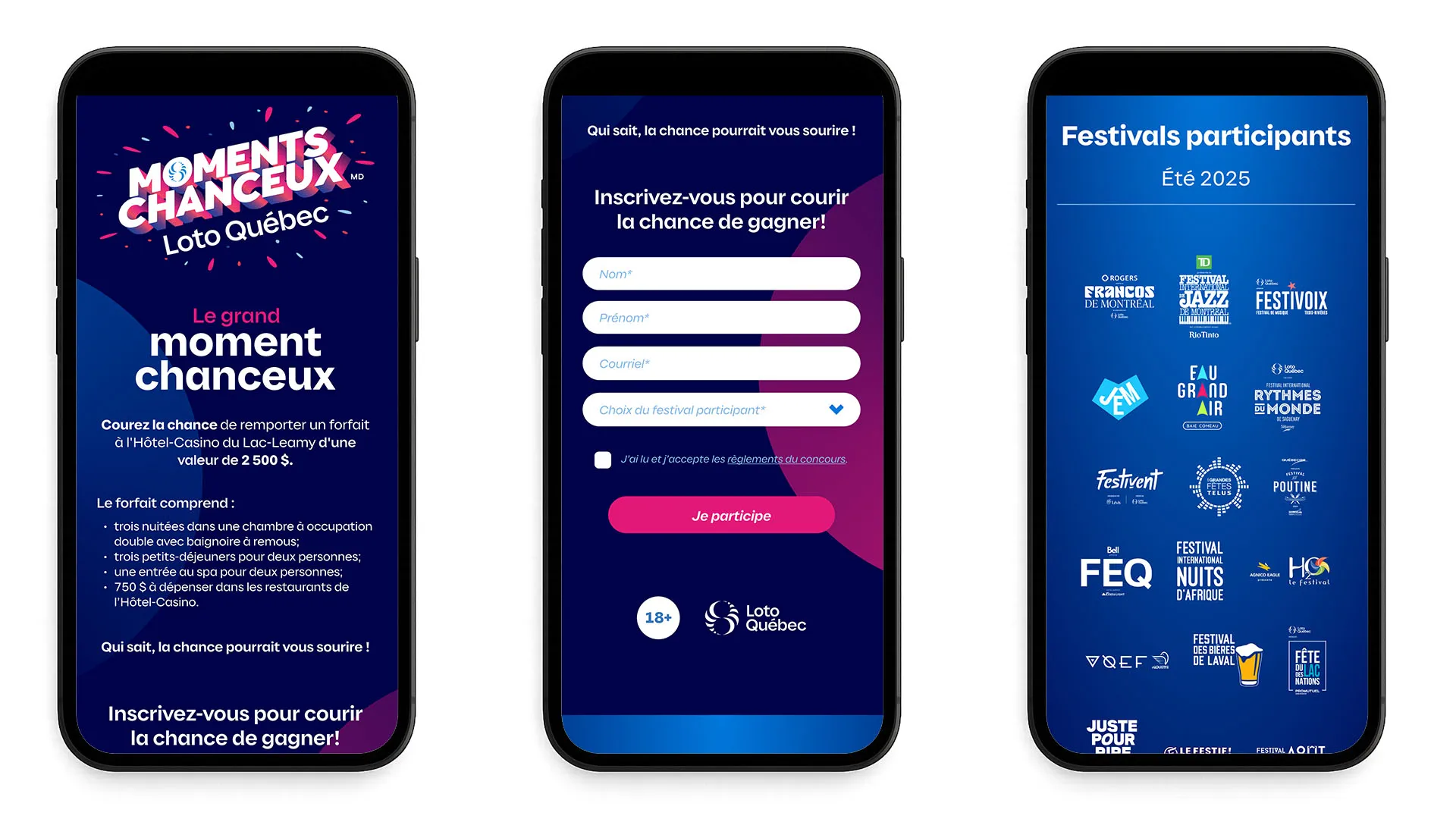 Three mobile phone screens showing French contest landing, entry form, and festival list