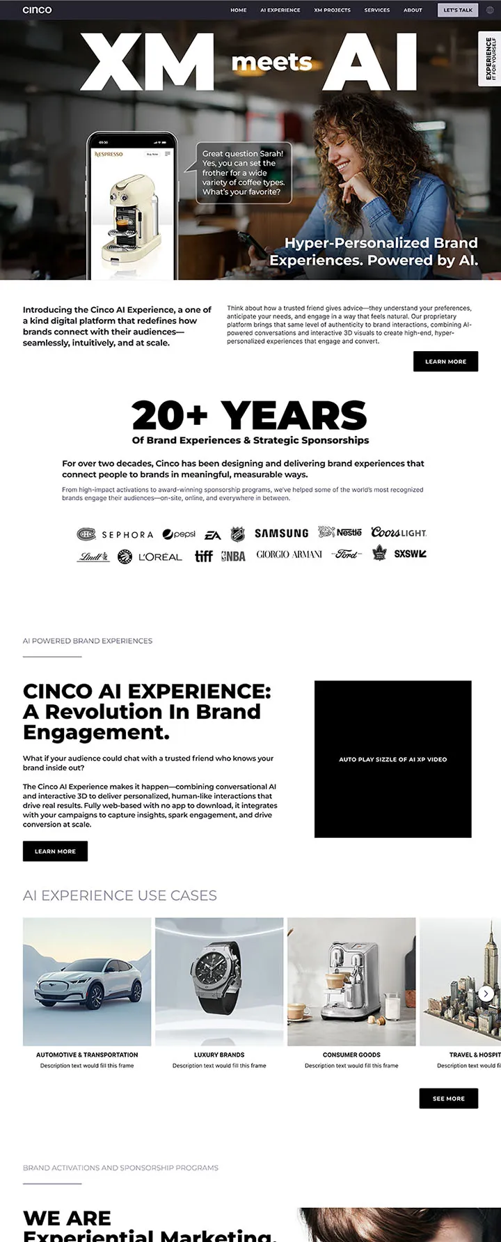 Cinco AI experience desktop showing coffee machine with hyper-personalized brand messaging