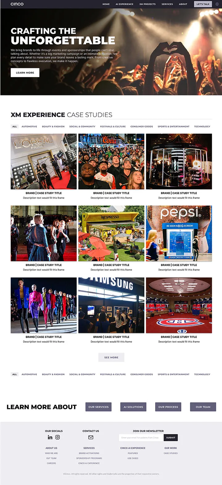 Desktop headline section about brand activations with event photography and crowd engagement