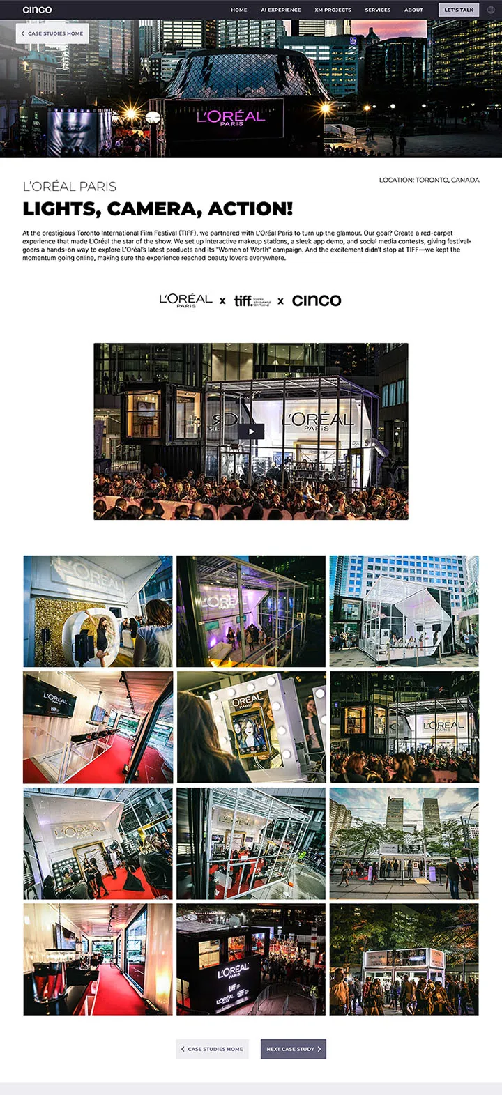 L'Oreal Paris case study page showing TIFF festival activation with photos and crowd imagery