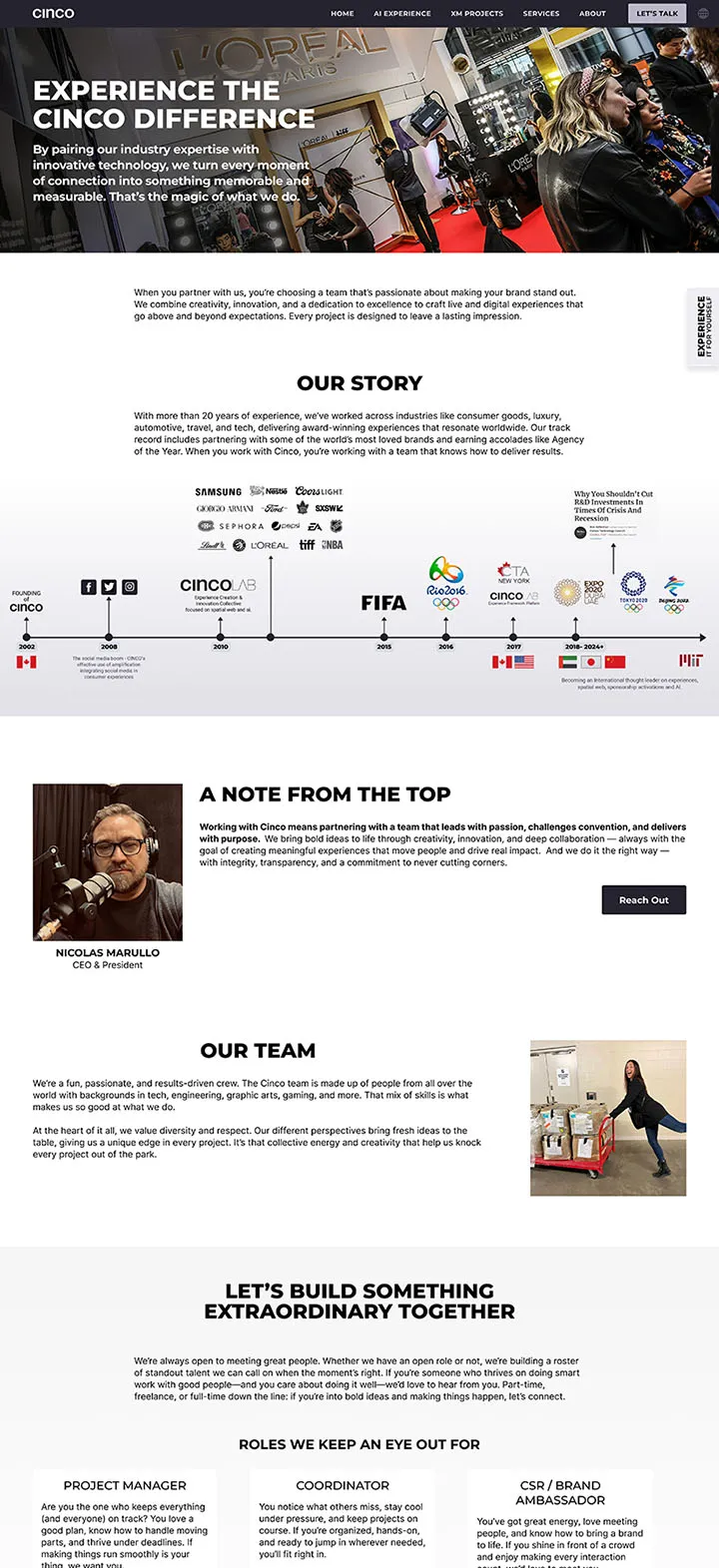 Case study grid layout displaying Cinco brand experience work across multiple industries
