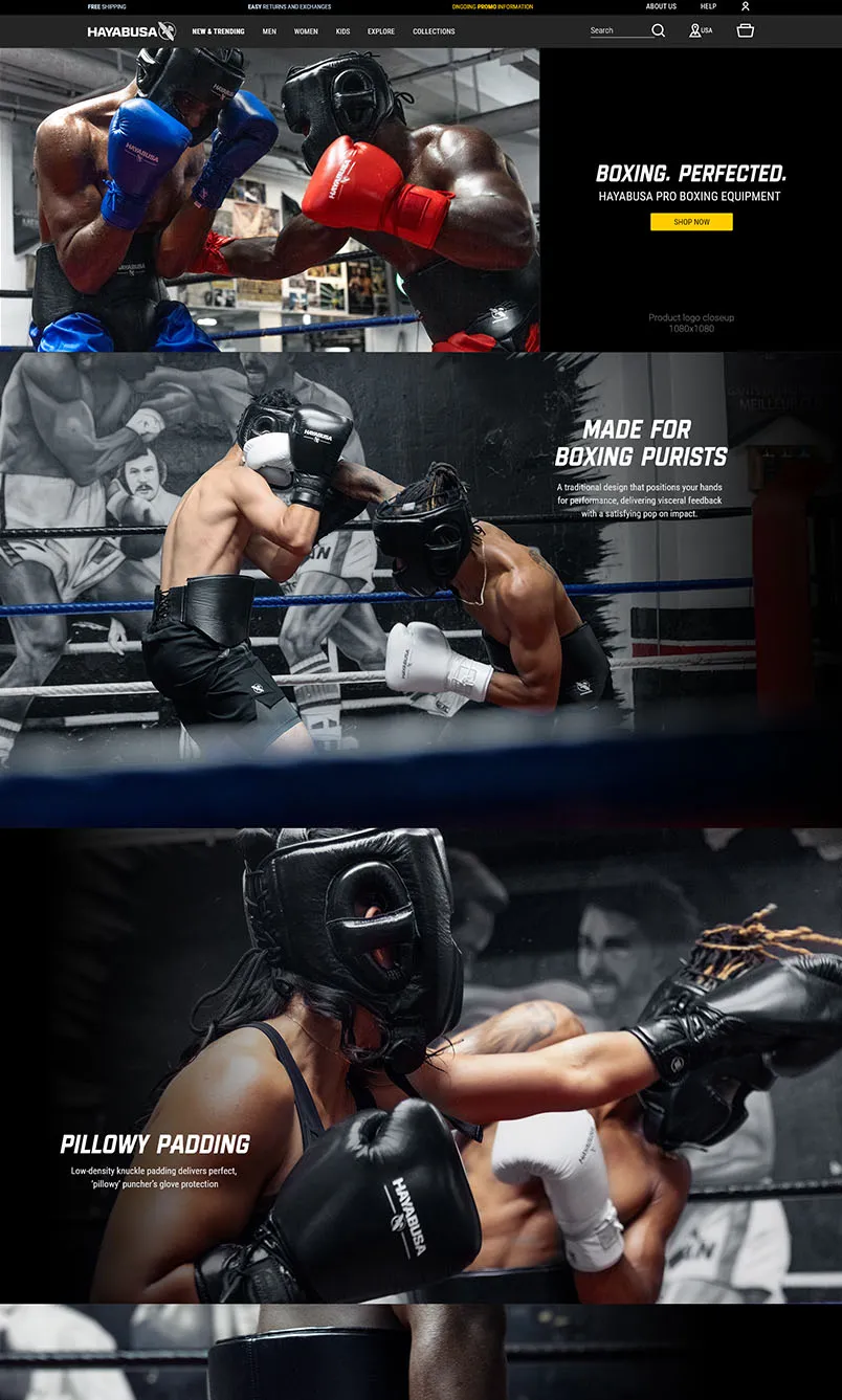 Hayabusa pro boxing equipment desktop with two boxers in ring wearing red and blue gloves