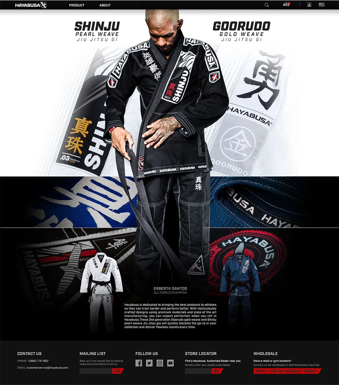 Jiu Jitsu product landing showing Shinju and Godrudo gi options with champion endorsement