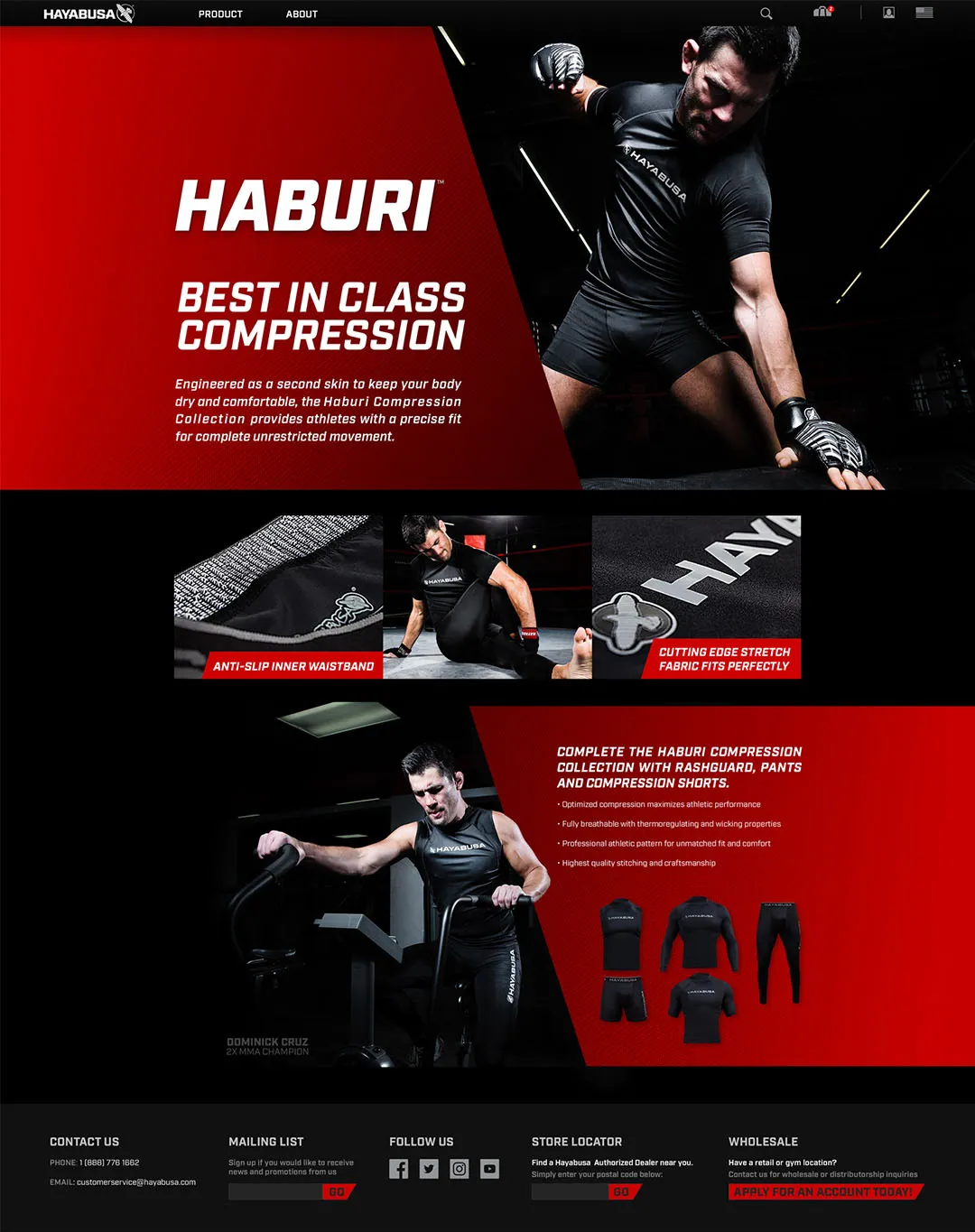 Haburi compression collection desktop with red branding and performance benefit callouts