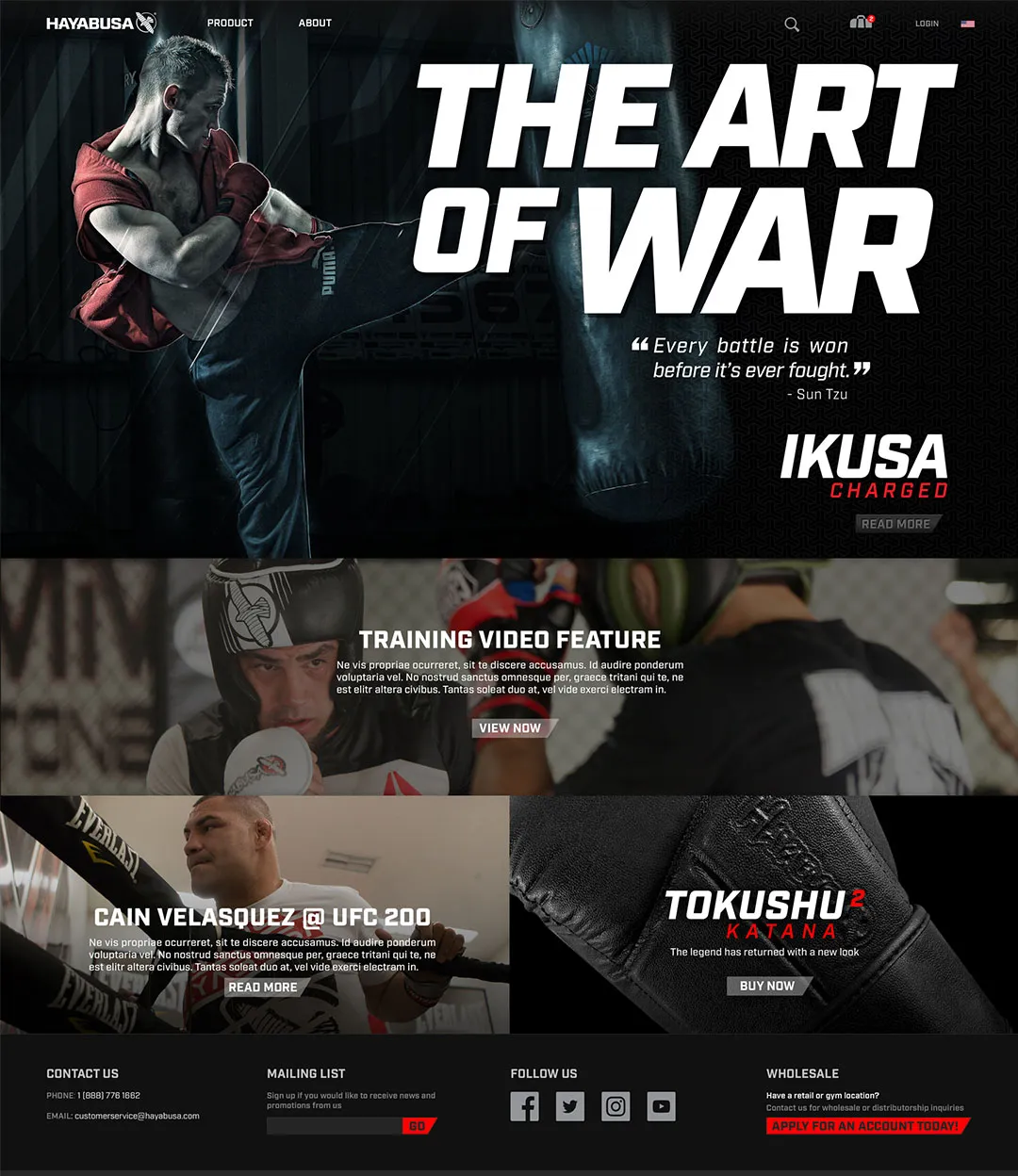 Art of War motivational desktop with fighter imagery, training video features, and product teasers