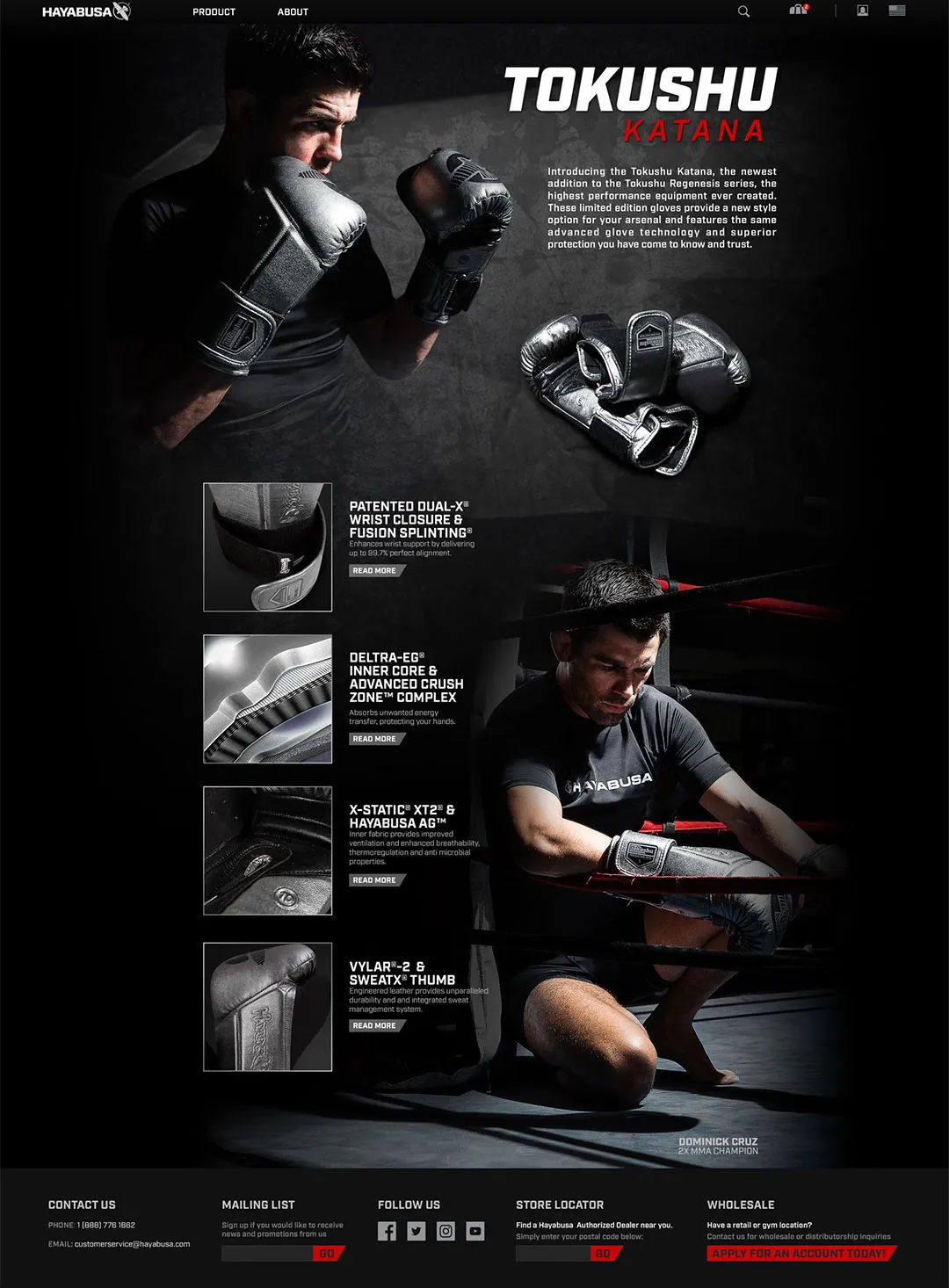 Tokushu Katana boxing gloves product detail page with technical specifications and features breakdown